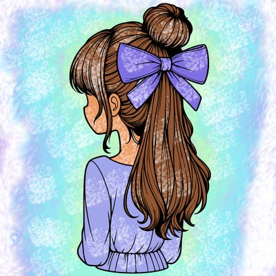 realistic girl  with hip length hair a bun and a big bow on the back of head