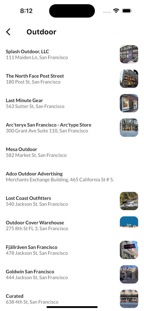 Street View Map - Live 360° - A list of outdoor retail stores in San Francisco with addresses and storefront preview images in the Street View Map app.