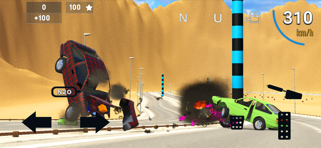 Vehicle Crash Test Simulator - Una colisión de coches a alta velocidad con física realista en un entorno sandbox desértico.