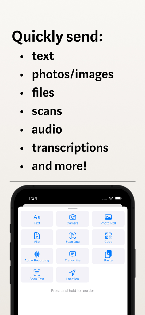 Muse — canvas for ideas - Muse app interface showing the quick send menu with options for adding text, photos, files, and audio recordings to a canvas.
