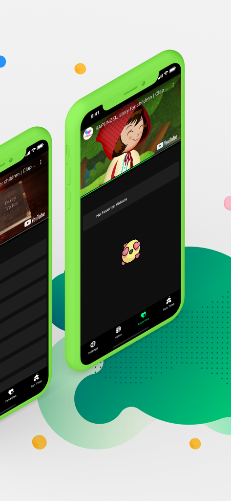 スマートフォン画面。Baby Kids Tubeアプリのお気に入りタブを表示。上部に漫画のビデオを表示。