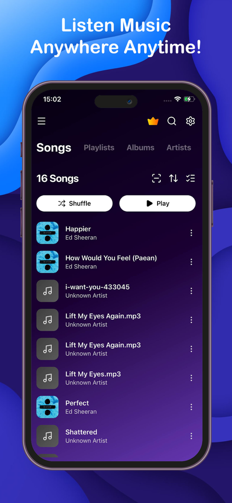 Offline Music Player: Sonix - Interfaz de la aplicación de reproductor de música sin conexión Sonix que muestra una lista de canciones sin conexión con botones de aleatorio y reproducción