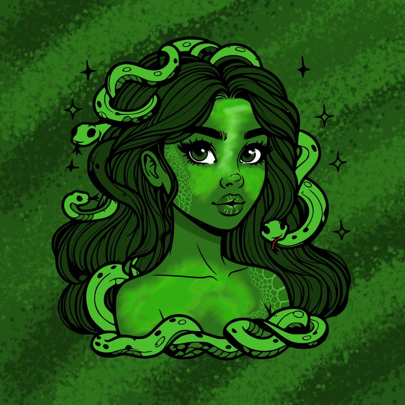 realistic girl with snakes as hair