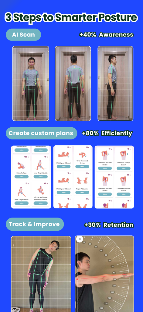 PhysioAI: Posture & Body Scan - Infografía que muestra tres pasos para una postura más inteligente que incluyen escaneo corporal con IA, planes de ejercicios personalizados y seguimiento del rango de movimiento