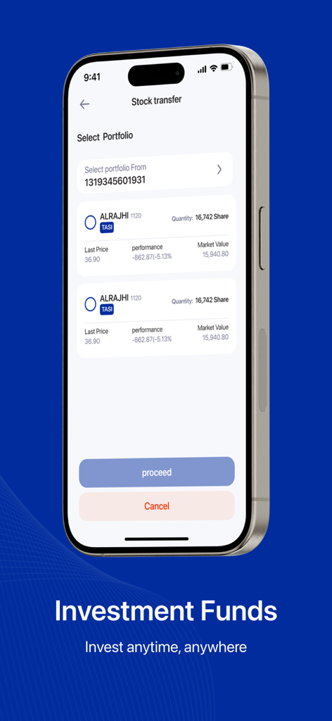 Application mobile AlRajhi Capital affichant le transfert d'actions et les détails du portefeuille d'investissement