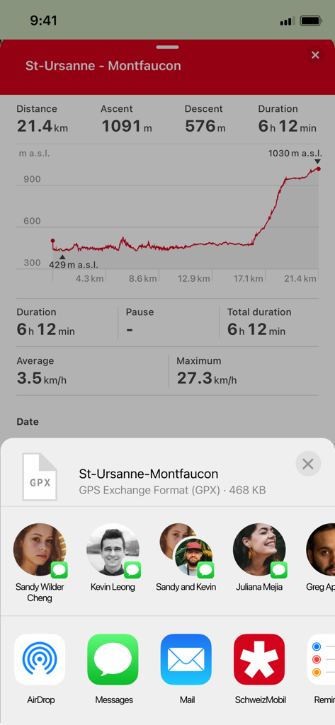 SwitzerlandMobility route summary showing elevation profile and GPX export share sheet