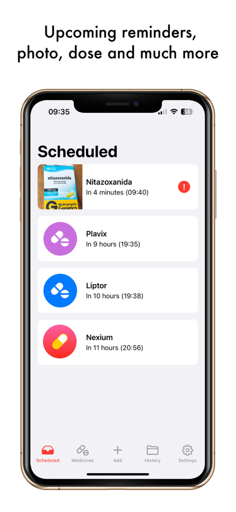 Interface of the Pill Reminder app showing a list of scheduled medications with dosage times and photos.
