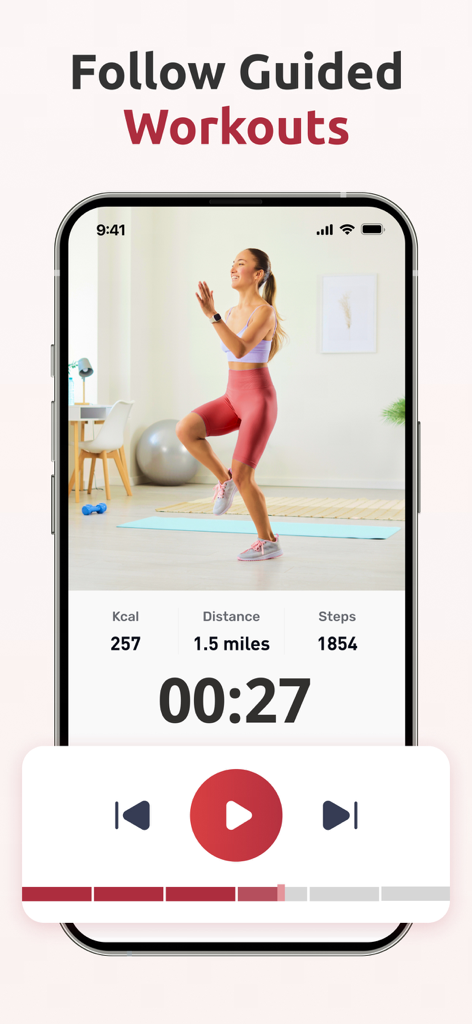 Walking Weight Loss: Walk Pal - Guided walking workout screen on the Walk Pal app showing fitness metrics including calories burned and steps