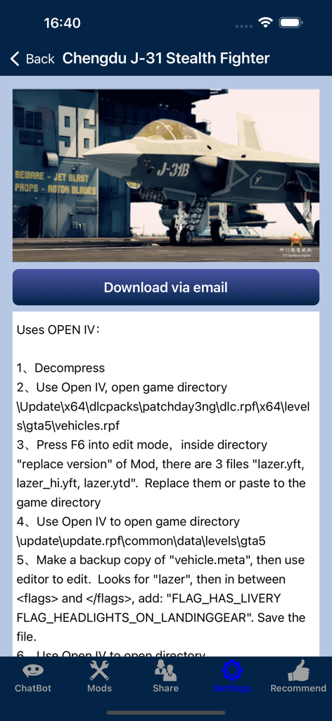 Screenshot of the GTA5 Mods app showing installation instructions for the Chengdu J-31 Stealth Fighter jet mod.