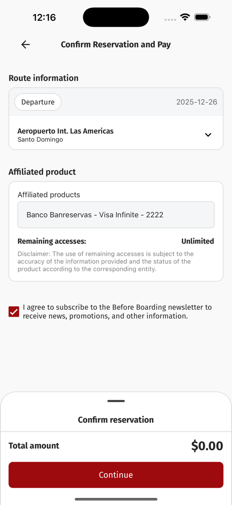 BeforeBoarding - Pantalla de la aplicación BeforeBoarding mostrando una confirmación de reserva de sala VIP para el Aeropuerto Internacional Las Américas.