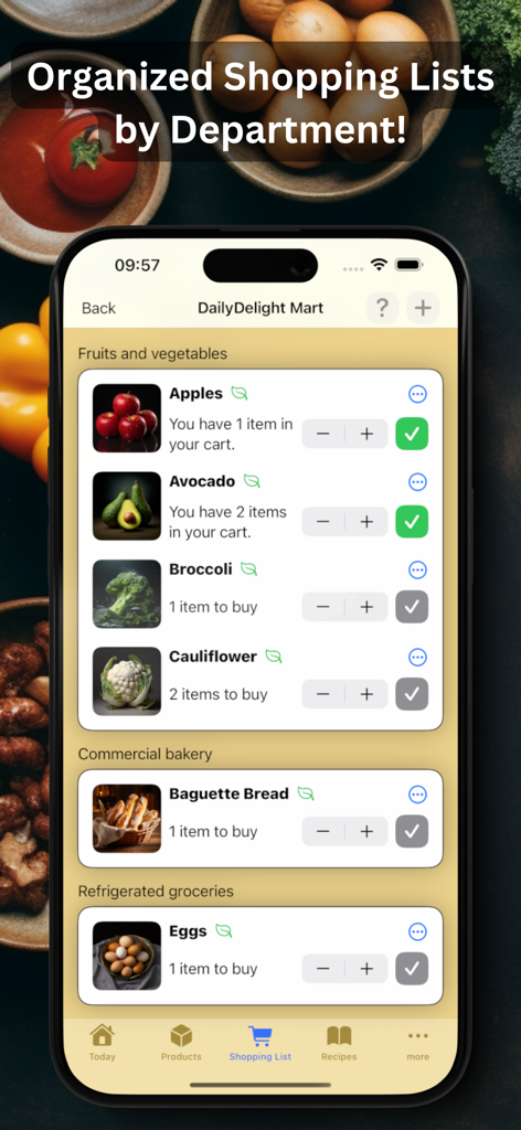 Mobile app interface showing a grocery shopping list organized by food categories with images of produce and bakery items.