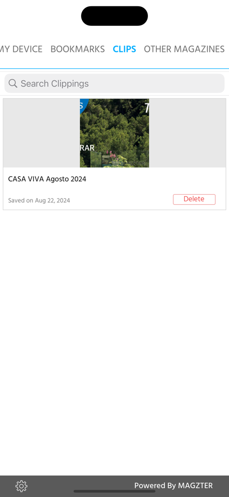 CASA VIVA (Magazine) - Interface of the CASA VIVA magazine app showing the saved clips section with an entry from August 2024.