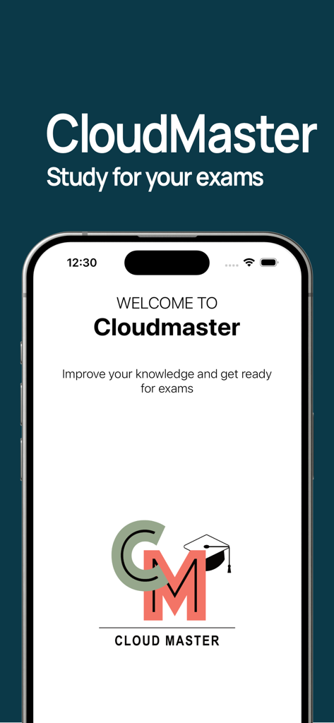 CloudMaster Swift - Tela de boas-vindas do aplicativo móvel CloudMaster Swift com logotipo e uma mensagem para estudar para exames de nuvem