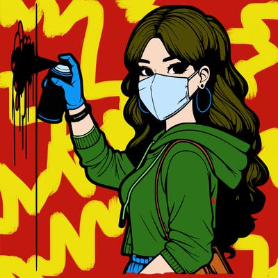 realistic girl with mask spray painting a wall