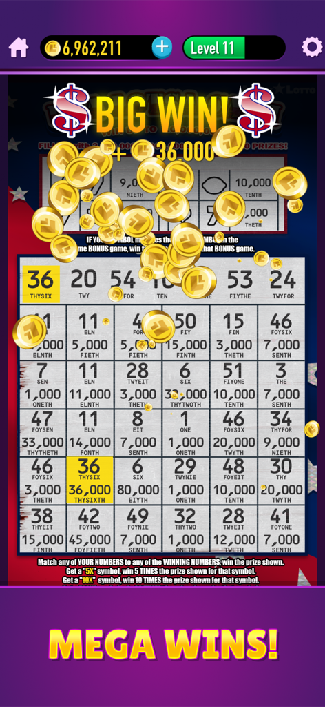 Lucky Lotto - Mega Scratch Off - A screenshot of Lucky Lotto Mega Scratch Off showing a big win with falling gold coins