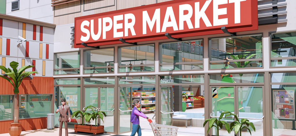 Manager 3D: Supermarket Sim - Vista exterior de un simulador de supermercado 3D con un gran letrero rojo y clientes afuera