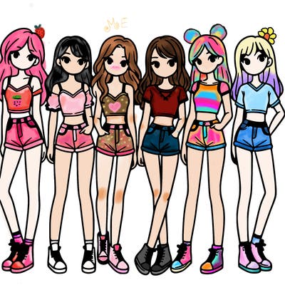 a group of girls wearing crop tops and shorts