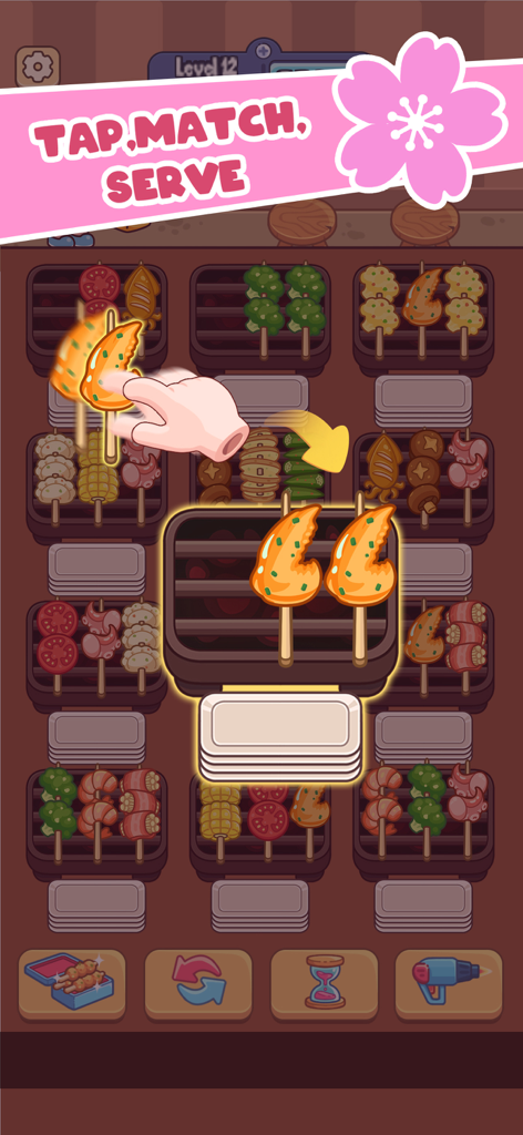 A hand matching chicken wing skewers on a grill grid in the BBQ Sort mobile game.