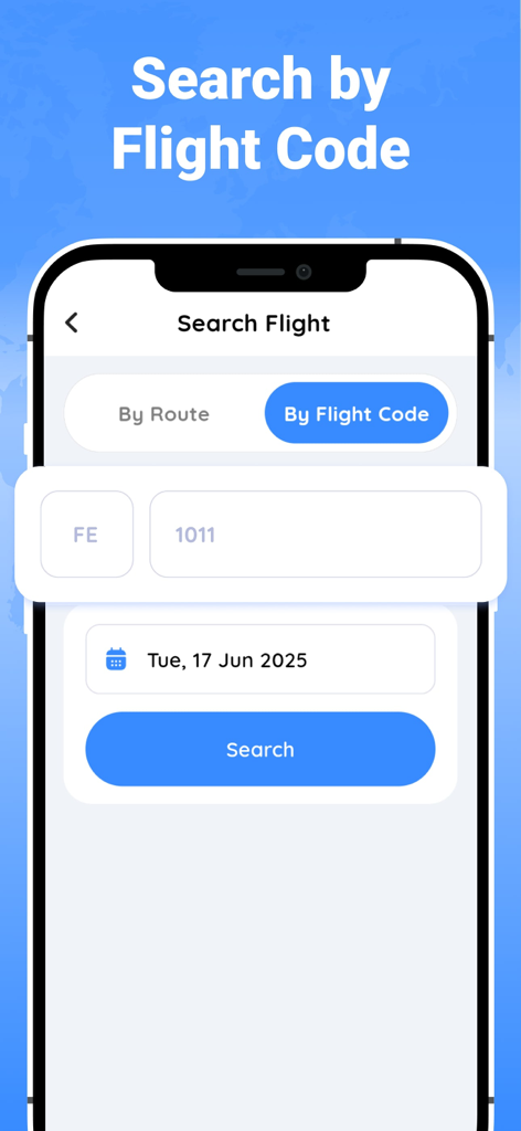 Track Flight : Find Flight - Un'interfaccia dell'app mobile per la ricerca di voli inserendo un codice volo e una data.