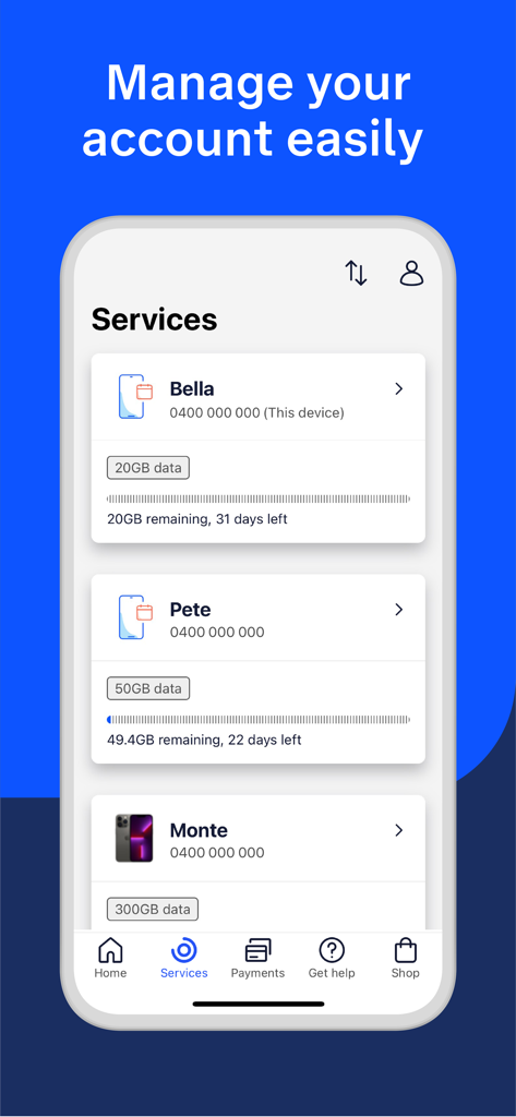 My Telstra app interface showing multiple account services and data usage tracking.