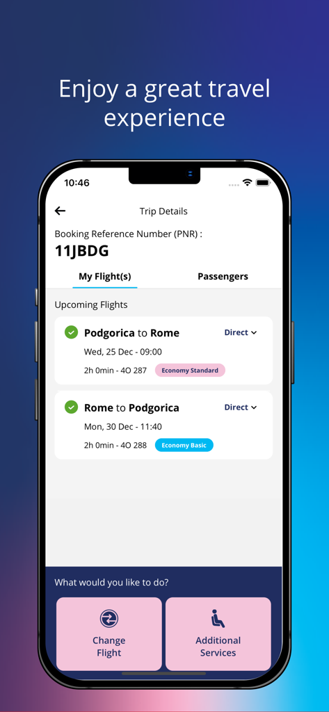 Air Montenegro - Air Montenegro app screen showing upcoming flight details from Podgorica to Rome