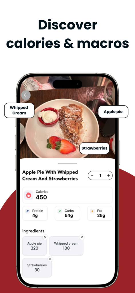 CalAI: Photo Calorie Tracker - Interface de l'application CalAI montrant la répartition des calories et des macros pour une photo de tarte aux pommes avec des fraises