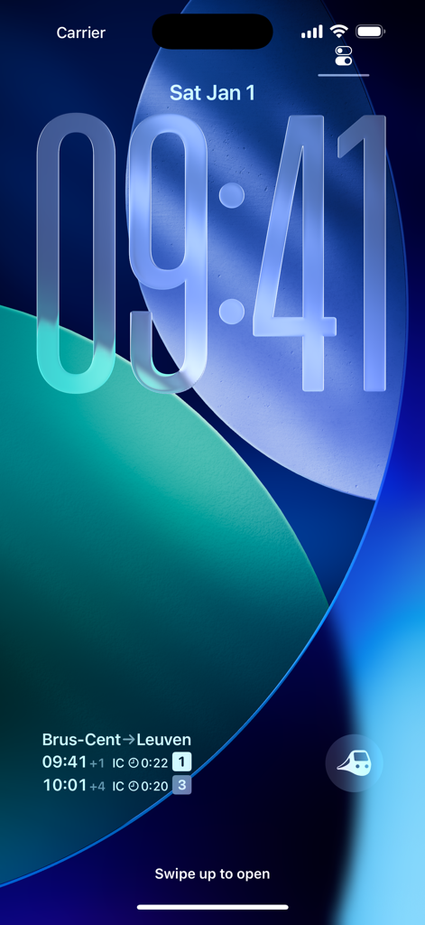 Railer – Train timetable - Widget de l'application Railer sur l'écran de verrouillage de l'iPhone affichant les horaires et les retards des trains belges