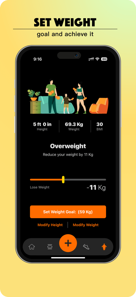 Tela de gerenciamento de metas de peso e rastreador de IMC do aplicativo fitAnalytica