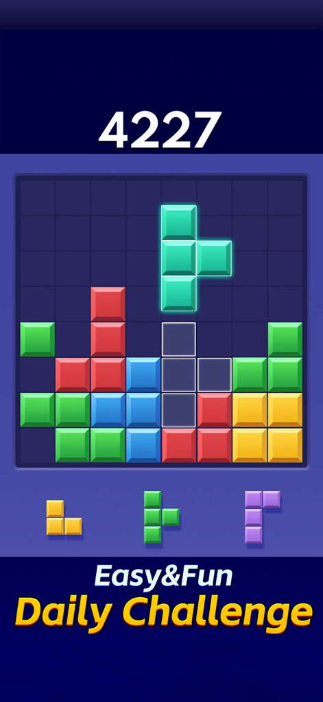 Block Blast - New Puzzle Games - 블록 블라스트의 게임 플레이 스크린샷으로, 화려한 그리드와 퍼즐 블록, 일일 챌린지 텍스트 표시