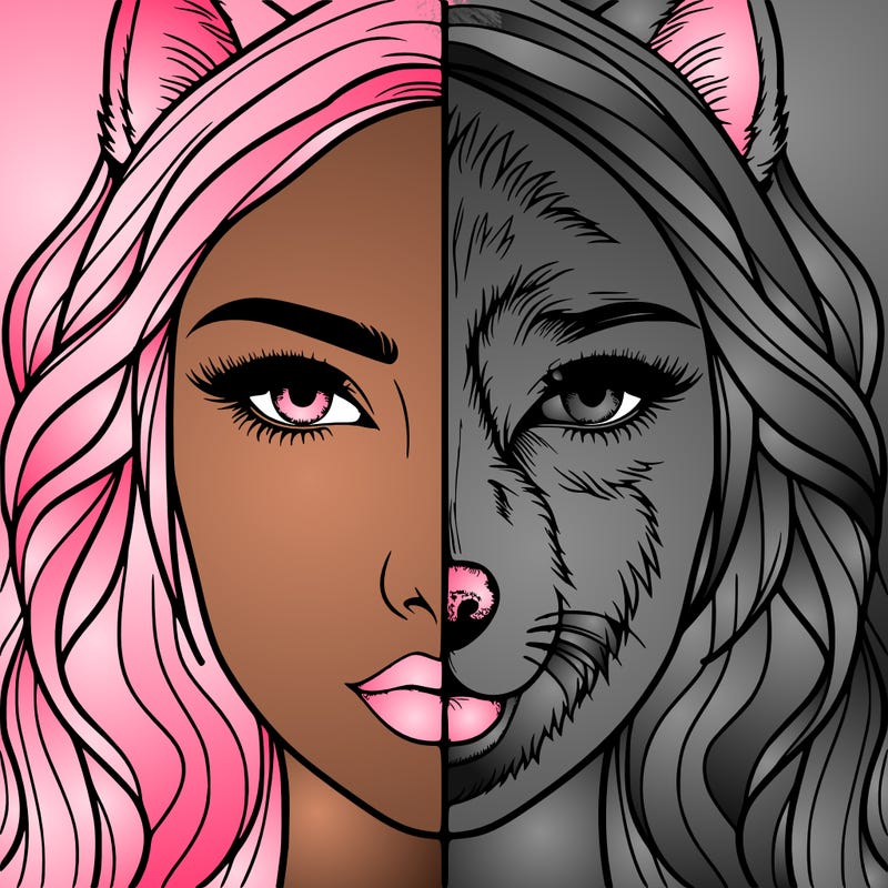 split face realistic woman and wolf
