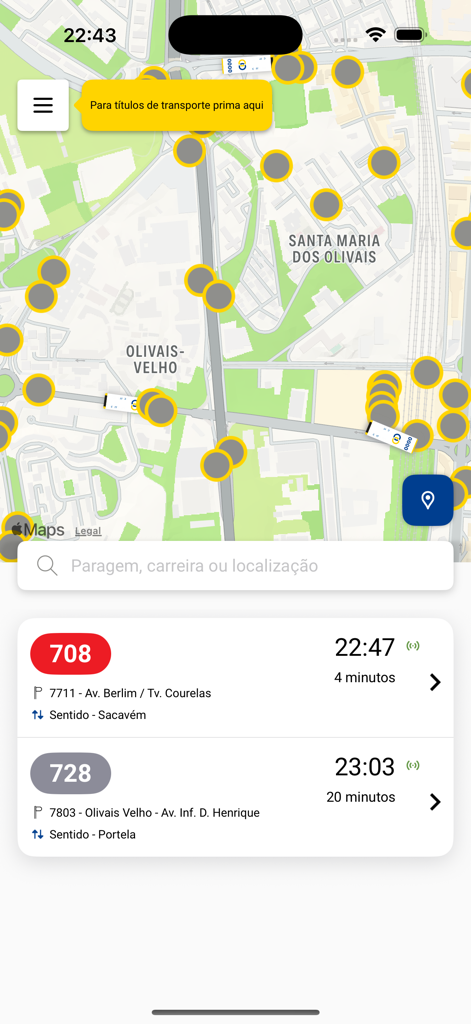 CARRISway - CARRISway app map interface showing real time bus schedules and stops in Lisbon