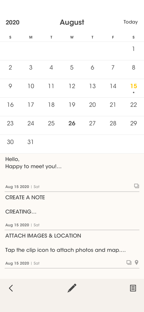 Simplife - A screenshot of the Simplife app interface showing a monthly calendar view and a list of chronological journal entries.