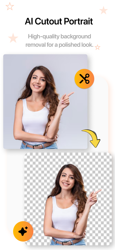 Remove BG - Background Eraser. - 여성 인물 사진에 대한 AI 배경 제거의 이전 및 이후 시연
