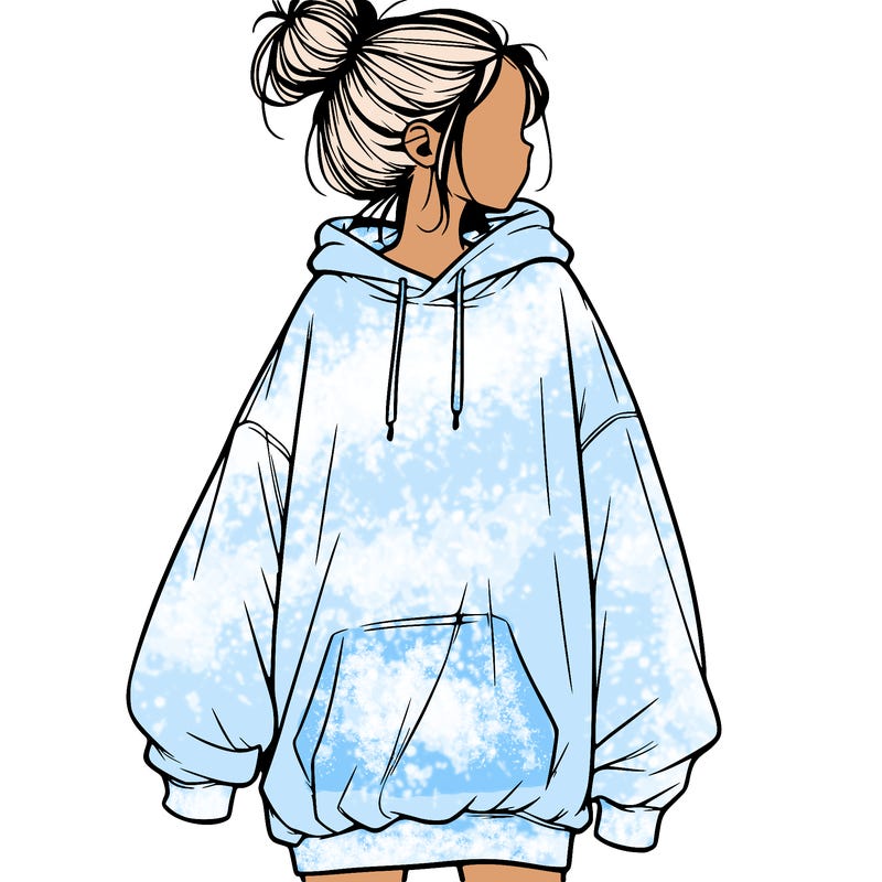 realistic girl with a oversized sweatshirt on and a bun