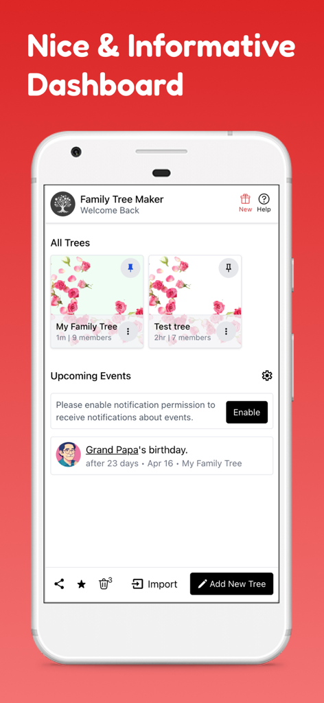 Family Tree Maker Offline - Dashboard of Family Tree Maker Offline app showing various family trees and upcoming birthday events