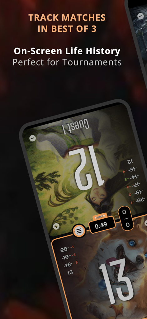 MTG Life Counter: Mythic Tools - Magic The Gathering life counter interface showing on screen life history and match tracking for competitive play