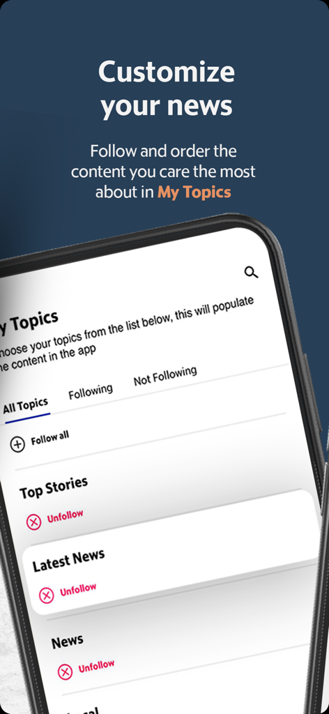 Mobile app interface of the Fort Worth Star-Telegram news showing the My Topics screen for personalizing news feeds.