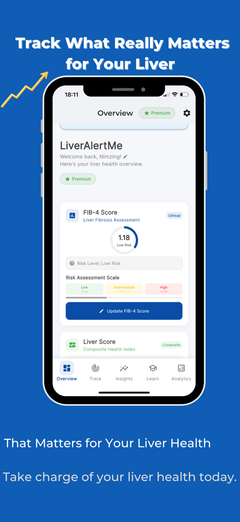 LiverAlertMe: Fatty Liver Care - LiverAlertMe app dashboard showing a FIB-4 score and liver fibrosis assessment.