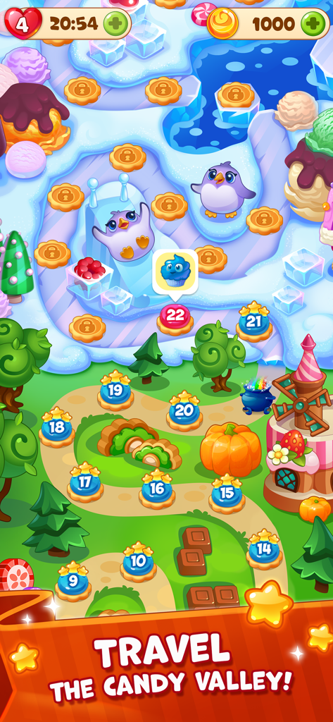 Candy Valley - Match 3 Puzzle - A colorful level map in Candy Valley showing a path through green and icy lands with numbered levels and cute penguins