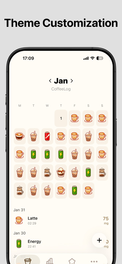 CoffeeLog - Coffee Tracker - La interfaz de la aplicación CoffeeLog que muestra un calendario mensual con iconos de café y bebidas energéticas para un seguimiento personalizado de la cafeína.