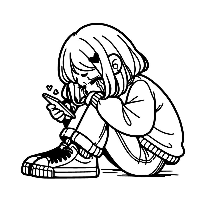 a girl cry ing siting in a corner holding her phone realistically