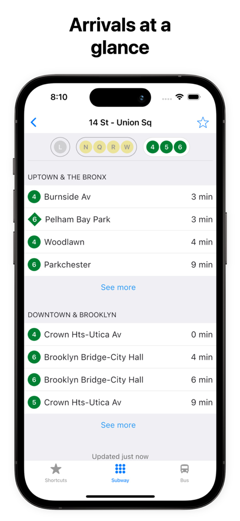 Subway Time NYC - Real-time NYC subway arrival times for 14 St - Union Sq station displayed on a smartphone app interface
