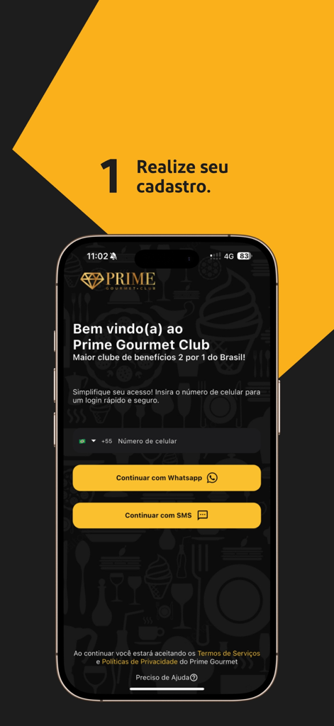 Tela de registro do aplicativo Prime Gourmet Club com opções de login via WhatsApp e SMS