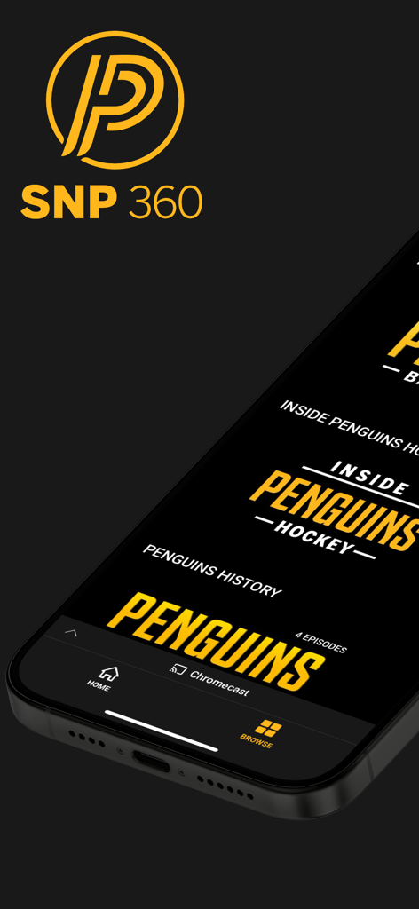 SNP 360 mobile app interface showing Pittsburgh Penguins hockey content and streaming options