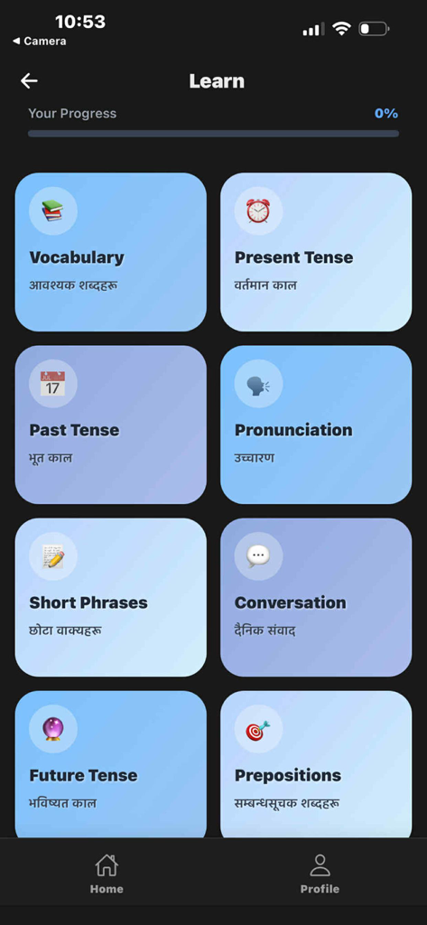 Bhasha App - Bhasha app learning interface displaying various modules like vocabulary, tenses, and pronunciation with Nepali translations.
