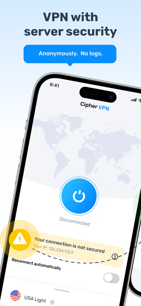 Cipher VPN  - Proxy Master - Cipher VPN interface showing anonymous server security with no logs policy on an iPhone
