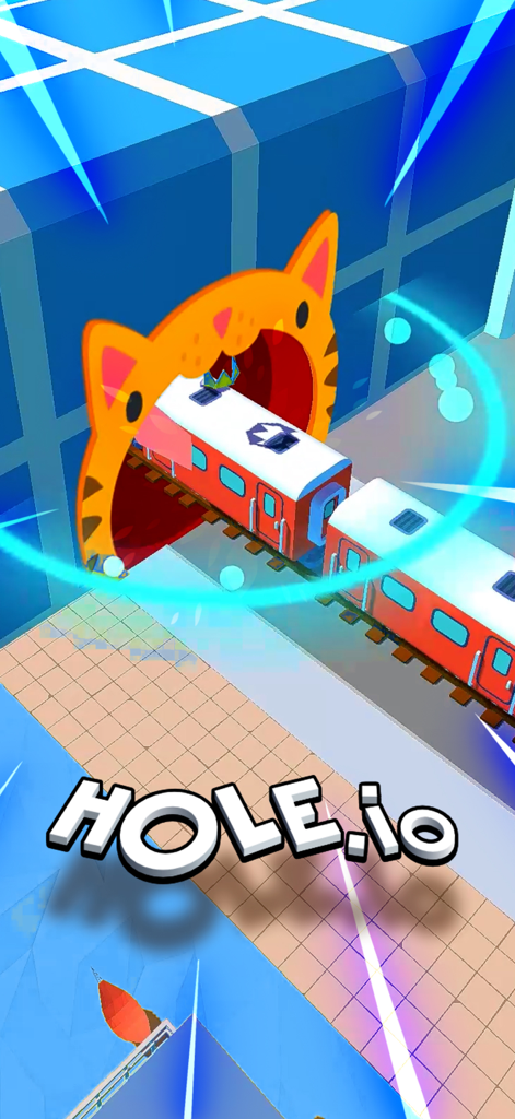 Hole.io gameplay showing a cat-themed black hole swallowing a metro train