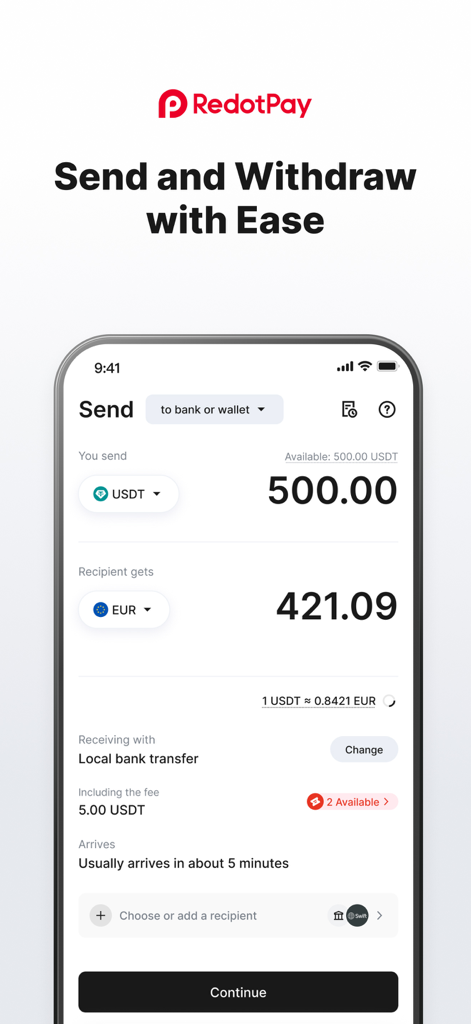 Interface de l'application RedotPay montrant la conversion de 500 USDT en 421 EUR pour un virement bancaire local avec une arrivée en 5 minutes.