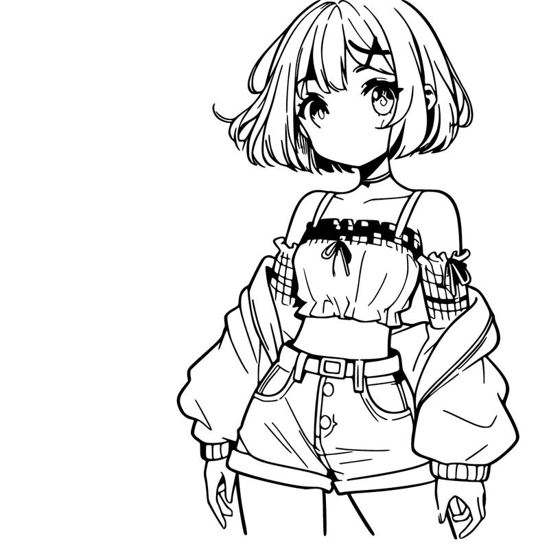 anime girl with mini shorts and a crop top and short hair
