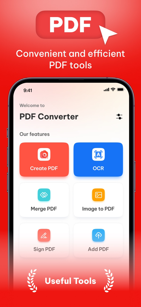 Scan to PDF: Editor & Sign - Tela principal do aplicativo Scan to PDF com ferramentas para OCR, mesclagem e assinatura de documentos.